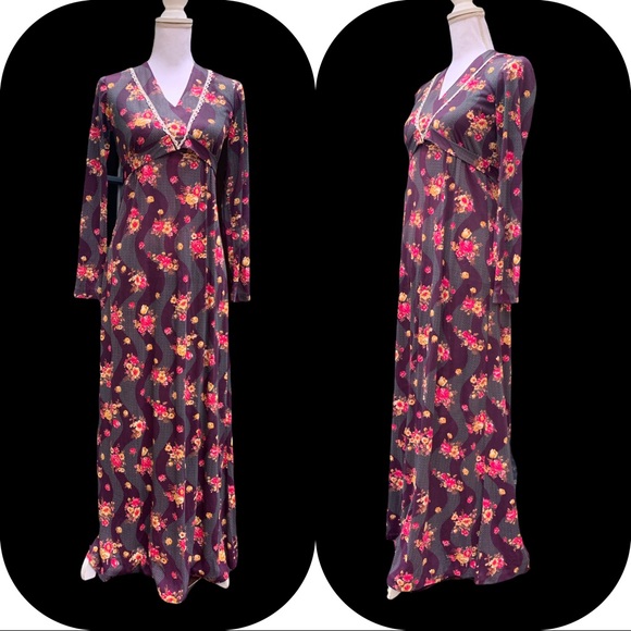 Vintage 70's Floral Empire Waist Maxi Dress XS Flower Power - Picture 3 of 16